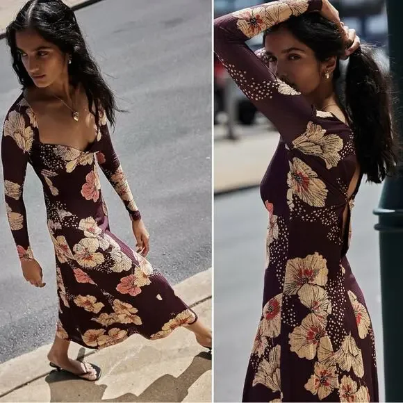 Free People Calla Midi Maxi Dress in Plum Combo Size XL Edgy Floral 90s Bohemian - Picture 8 of 15